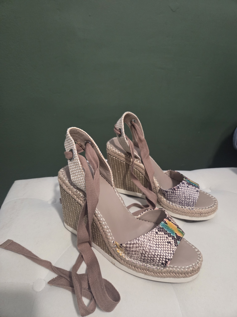Vince Camuto Taupe Woven Espadrille Wedge Sandals with Multicolor Front